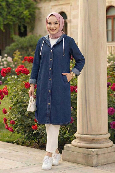 Hb Harma Time Butik Women's Hooded , Buttoned and Long Navy Blue Denim Jacket