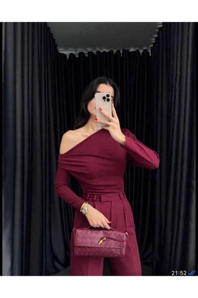 OEM Tek Omuz Drapeli Bluz – Bordo, Uzun Kollu, Şık ve Fit Kalıp