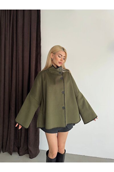Ekim Store Çoban Dikişli Kaşe Düğmeli Panço Ceket