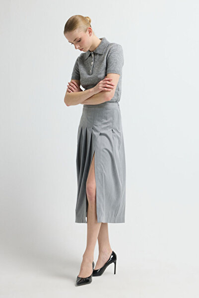 adL Pileli Kemerli Yırtmaçlı Etek