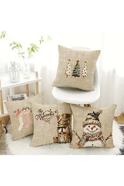 Evmila 4'lü Yılbaşı Desenli Kadife Kırlent Kılıfı Seti – Çift Taraf Baskılı 4...