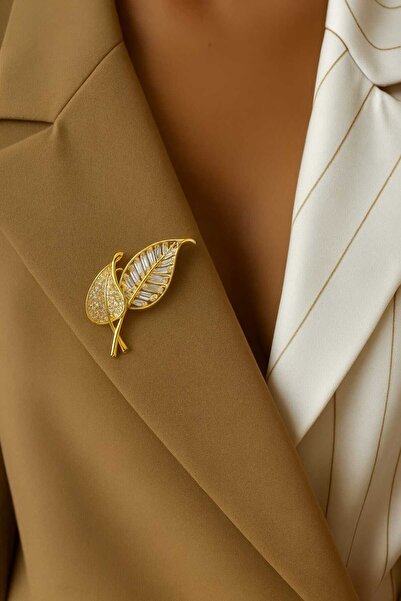 livaz accessories Çelik Zirkon Taşlı Gold /Gümüş Renk Yaprak Broş