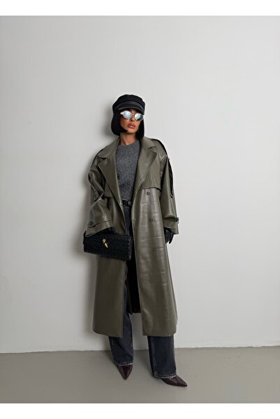 KIKU Oversize Deri Dokulu Uzun Trençkot