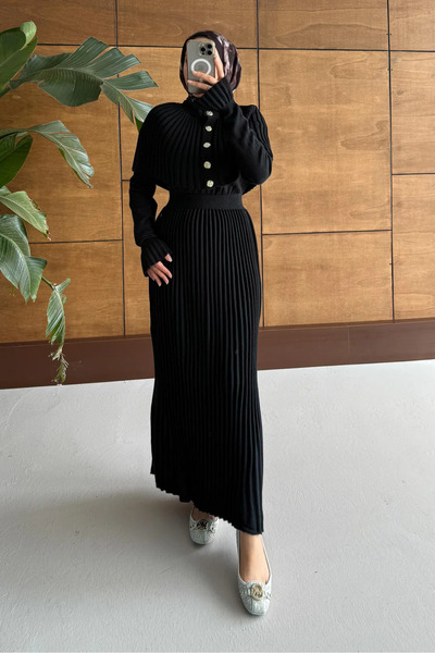 RFK Butik Women's Butterfly Pleated Cape Knitwear Suit - Black