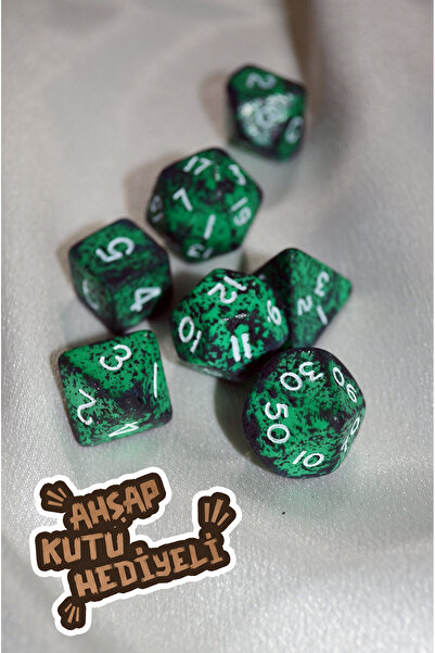 DiceLand Amazon Yeşil El Yapımı DND Zar Seti – DiceLand, 7’li RPG Zarları + Ahşap Kutu Hediyeli!
