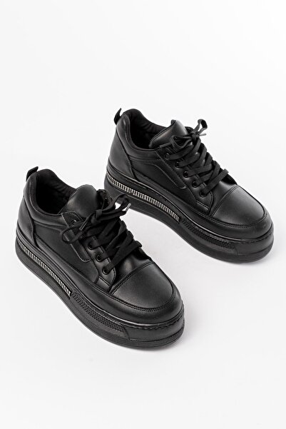 Zerenyus Zri̇n-1999 Premium Black Lace-Up Sole Women's Sneaker with Stone Accessories