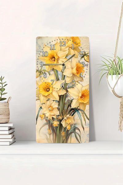 kutuTR 3D Görünümlü 2D UV Baskı MDF Tablo Saat 20x40 cm – Sarı Çiçek Desenli Dekoratif Duvar Saati-DTS001