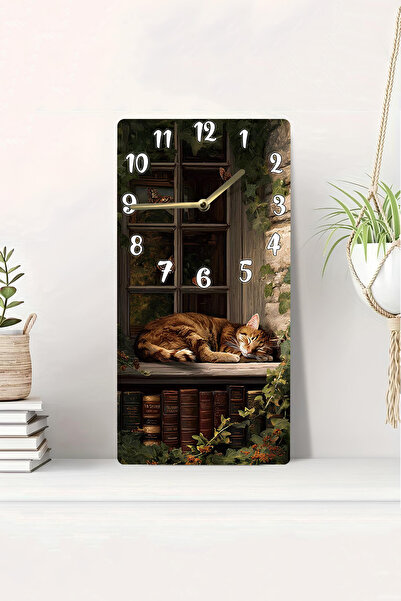 kutuTR 3D Looking 2D Uv Printing Mdf Table Clock – Sleeping Cat Theme on Window – 20X40 Cm-Dts015