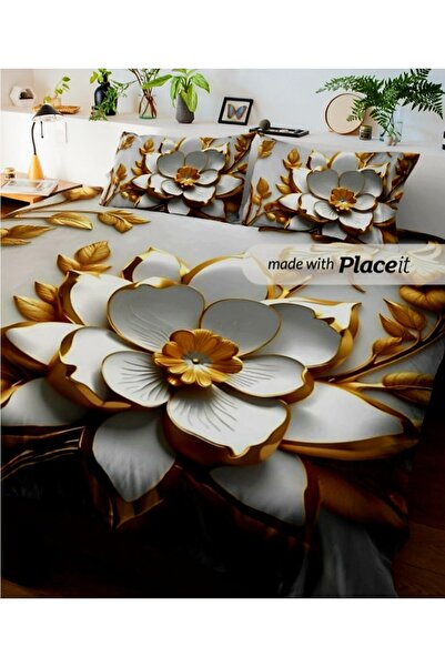 Elmas Dizayn 160*240 Cm. Single Satin & Cotton Duvet Cover Set Gold White Flower
