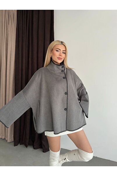 Ekim Store Shepherd's Stitch Buttoned Poncho Jacket