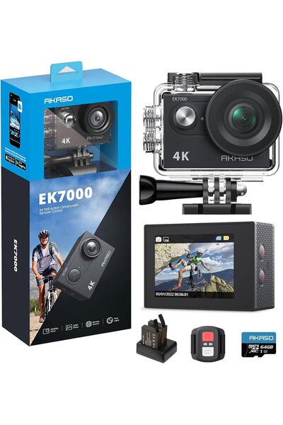 Smart Vibe AKASO EK7000 4K UltraHD 30FPS Action Camera, 20 MP, 2 Batteries + 64GB Card, Accessory Kit, Black