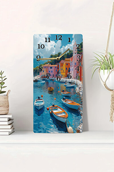 kutuTR 3D Looking 2D Uv Printing Mdf Painting Clock 20X40 cm – Colorful Seaside Houses and Boat Scenery-Dts003
