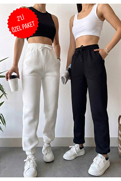 schlank ΣΥΣΚΕΥΑΣΙΑ ΜΕ 2 Γυναικείες χειμερινές φούτερ με χοντρό φλις εσωτερικά, ψηλόμεσο και ελαστικό πόδι, βασικό τζόγκερ