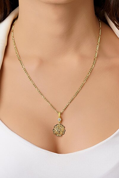 Fiyonk Kuyumculuk 14 Ayar Altın Figaro Zincirde Gül Motifli Telkari Kolye
