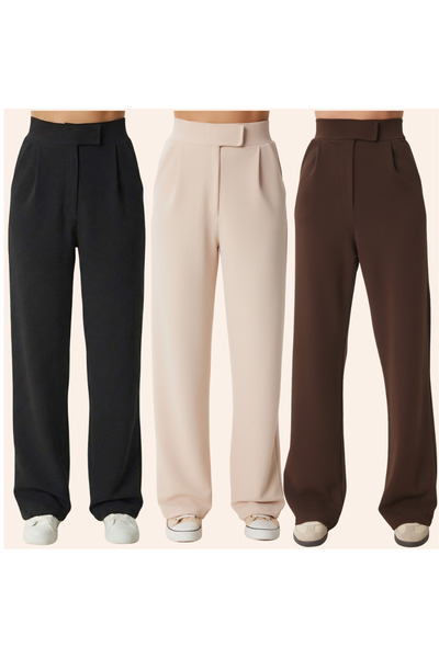 Patreon Pantaloni Palazzo cu talie înaltă și picior larg, cu închidere tip ve...