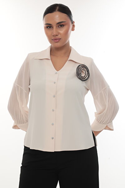 KİFAYET Büyük Beden (50-56) Gömlek Yaka Taşlı Düğmeli Şifon Kol 3D Çiçek Akse...