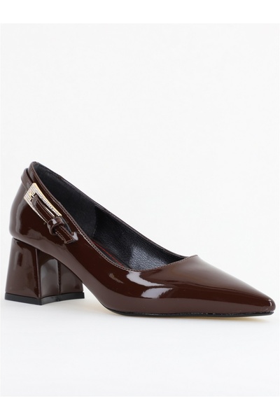 Nicoletta Pantofi damă cu toc cafeniu lac din piele ecologică