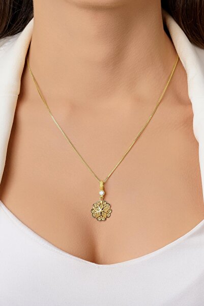 Fiyonk Kuyumculuk 14 Ayar Altın Küp Zincirde Gül Motifli Telkari Kolye