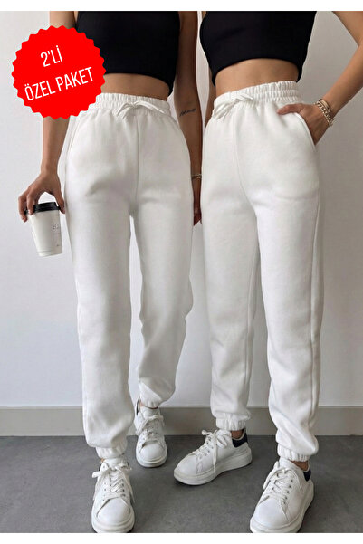 schlank ΣΥΣΚΕΥΑΣΙΑ ΜΕ 2 Γυναικείες χειμερινές φούτερ με χοντρό φλις εσωτερικά, ψηλόμεσο και ελαστικό πόδι, βασικό τζόγκερ