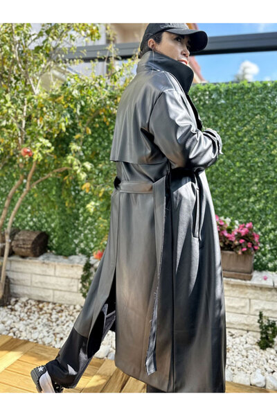 Burcu Özpıranga Fergus Siyah Premıum Suni Deri Trenç