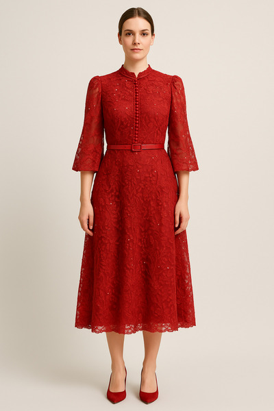 sweetyar Çiçek Nakışlı Tül Balon Kol Kuşaklı Abiye – Mezuniyet & Söz Elbisesi