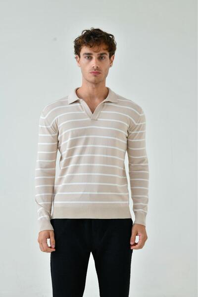 Duuf Beige Polo Neck Buttonless Long Sleeve Striped Sweater