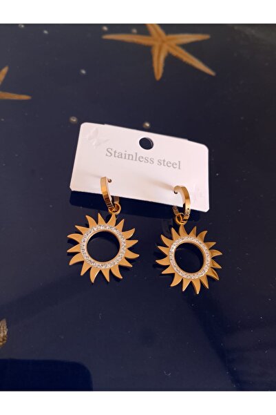 Çelik gold renk zirkon taşlı güneş küpe