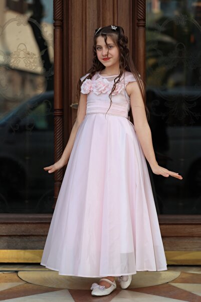 MİSS RAİN BALON KOL SATEN ÇİÇEK VE TAŞ DETAYLI UZUN KIZ ÇOCUK ABİYE ELBİSE