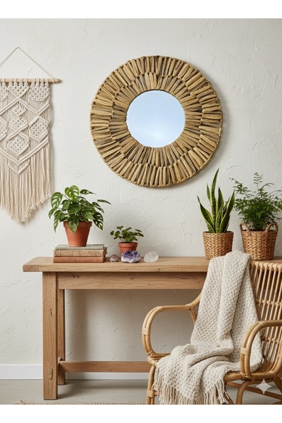 KirazEv Bohem Duvar Aynası 56cm Hasır Rattan Dekoratif Ayna