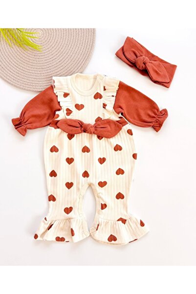 minicayzen Büyük Kalp Baskılı Bandanalı Kız Bebek Tulum