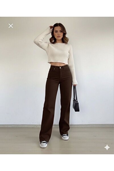 NWC Bella Brown material elastic Super talie înaltă Pantaloni largi din denim pantaloni palazzo