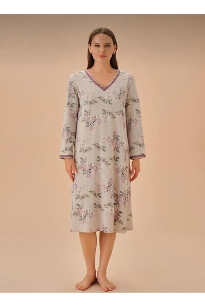 İpek Women's Long Sleeve Plus Size Carmen Midi Length Nightgown