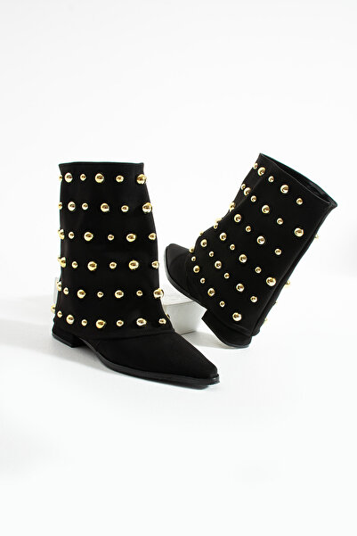 ByBora By Bora Siyah Gold Sarı Zımbalı Troklu Süet Düz Topuk Bot