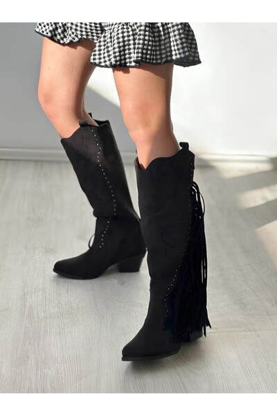 SHOEBOURNE Siyah Süet Püsküllü Trok Detaylı Günlük Şık Uzun Çizme