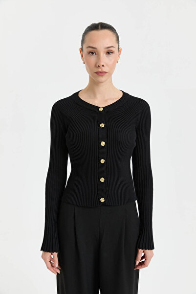 PELONY Siyah Gold Düğme Detaylı Fitilli Triko