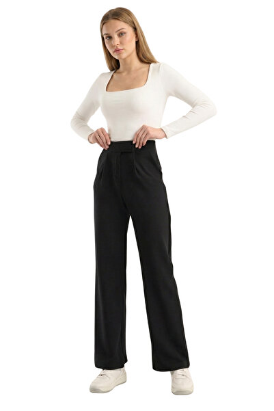 İpli Women's Black Palazzo Pants High Waist, Velcro Closure, Pockets