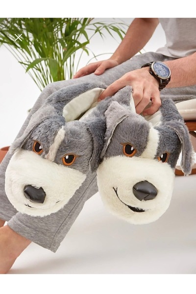 ÇOCUKÇA MODA حذاء بيت ناعم باللون الرمادي مع نعل صامت وشكل كلب لطيف