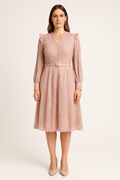 sweetyar Uzun Kollu Dantel Detaylı Pliseli Abiye Elbise – Kırmızı / Pudra