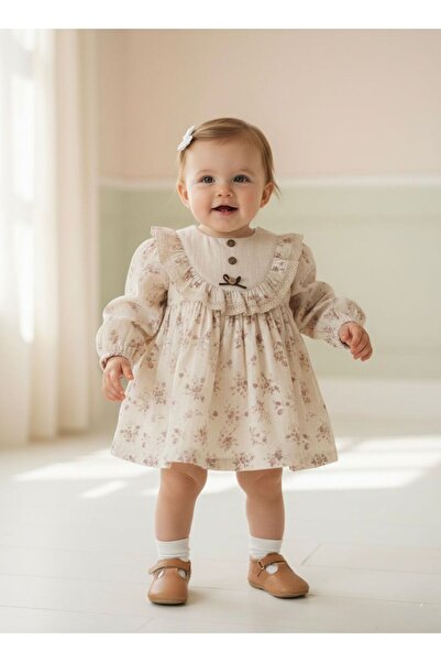 Butik KIZ BEBEK %100 PAMUKLU 2'Lİ ÇİÇEK DESENLİ ELBİSE FİSTO YAKA DETAYLI