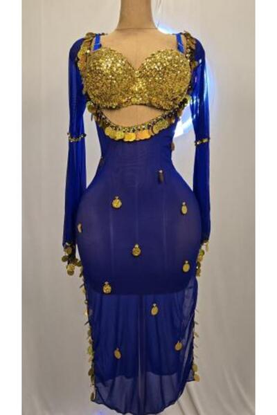 Sharqi Vibes زي الرقص الشرقي (مقاس حر) - أزرق مع ذهبي