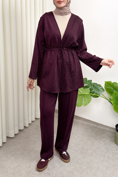 Salih Çelebi Σετ Κιμονό με Πέτρινη Λεπτομέρεια και Κορδόνια 51712 - ΒΟΡΝΤΟ