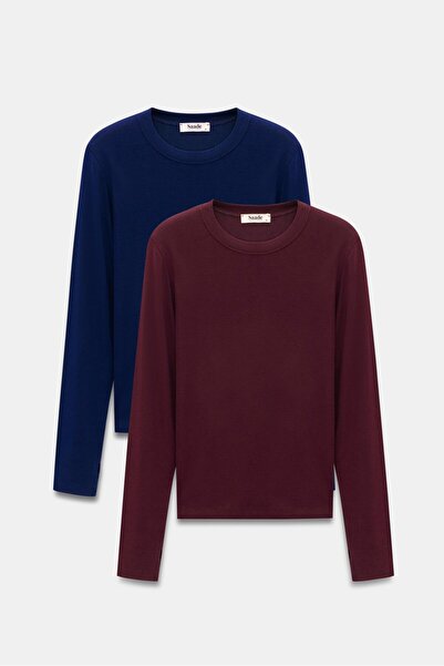 Saade Burgundy - Navy Blue Women's Crew Neck Finger-Loop Long Sleeve Bodysuit/Blouse - Pack of 2