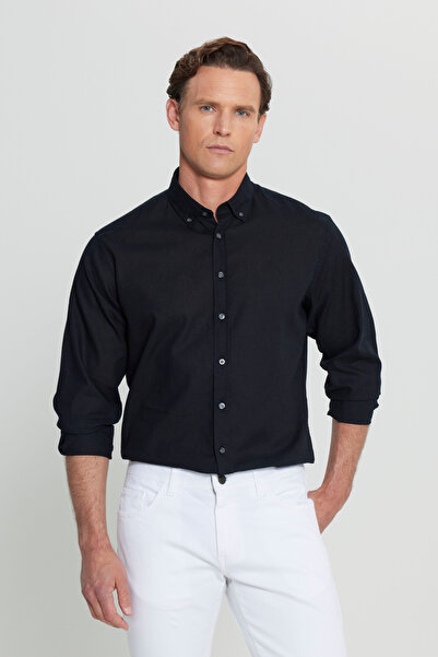 ALTINYILDIZ CLASSICS Men's Black Cotton Linen Comfort Fit Relaxed Fit Button down Collar Dobby Shirt