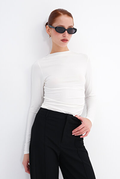 Addax Mock Neck Shirred Blouse B0356