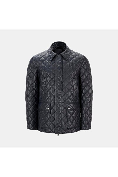 Desa Men's Navy Blue Shirt Collar Quilted Leather Jacket