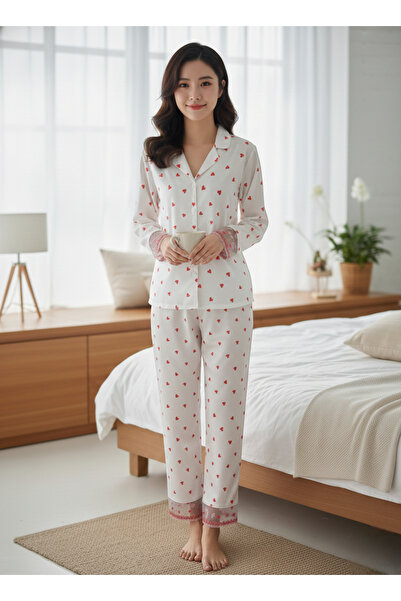 Laperissa Heart Patterned Satin Long Pajama Set – Button-Up Top, Relaxed Fit