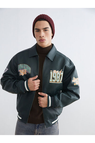 LC Waikiki Yeşil Rahat Kalıp Stranger Things Baskılı Erkek Deri Görünümlü Ceket