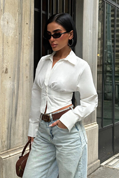 VİSKALİ Sırt Bağlamalı Korse Detay Poplin Beyaz Gömlek