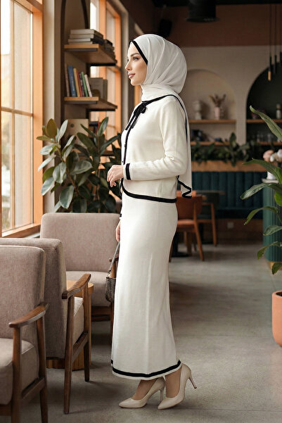 Kirazgym Modest Clothing Lace-Up Striped Detailed Buttoned Skirt and Cardigan Knitwear Set