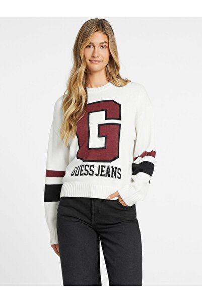 Guess Jeans Bisiklet Yaka Normal Desenli Beyaz Kazak Kadın GJ LS CN G INTARSIA - ECO WOOL BLEN
